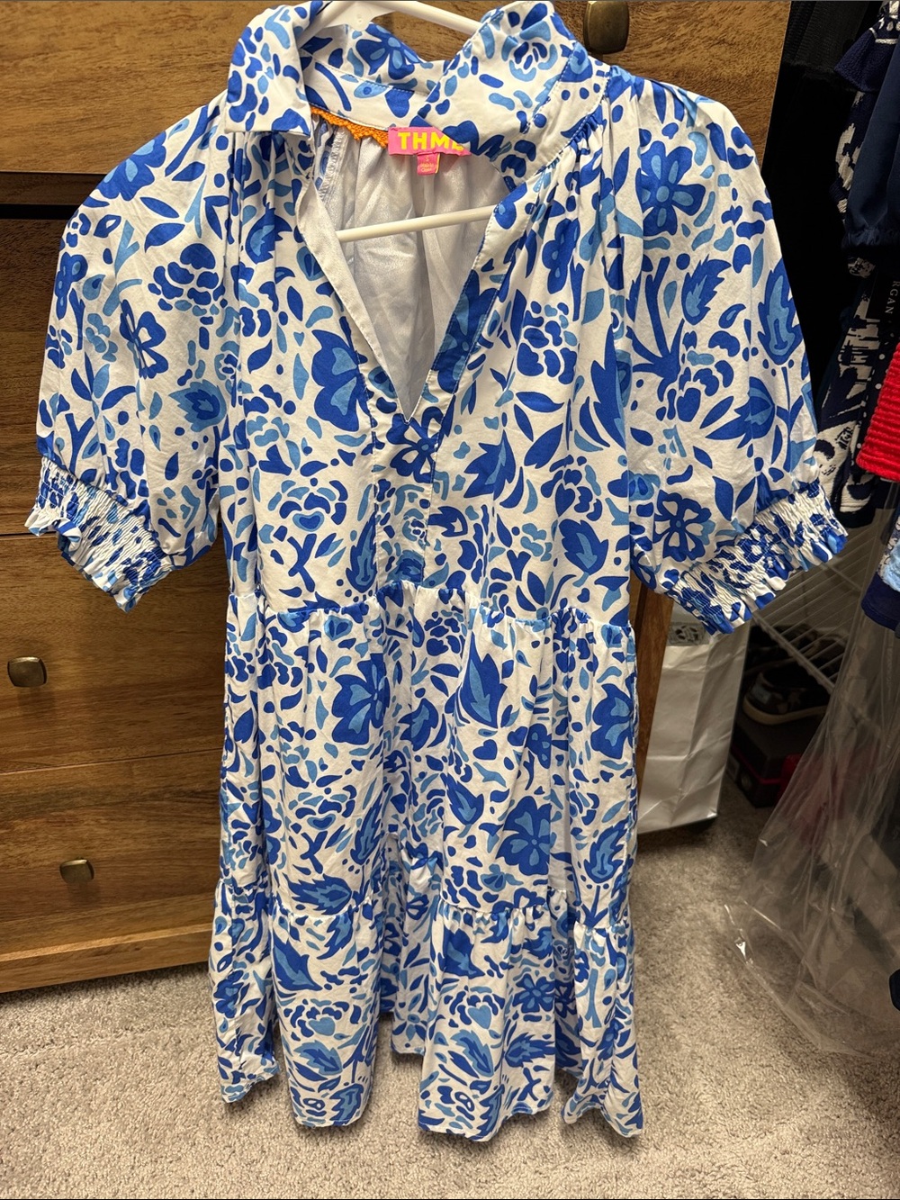 THML White and Blue Floral Tiered Midi Dress S
